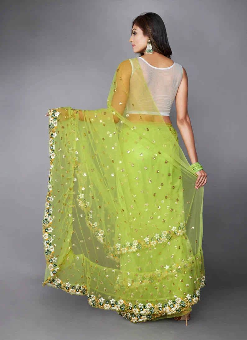 Green Ruffle Saree with Heavy Embroidery Work for Wedding