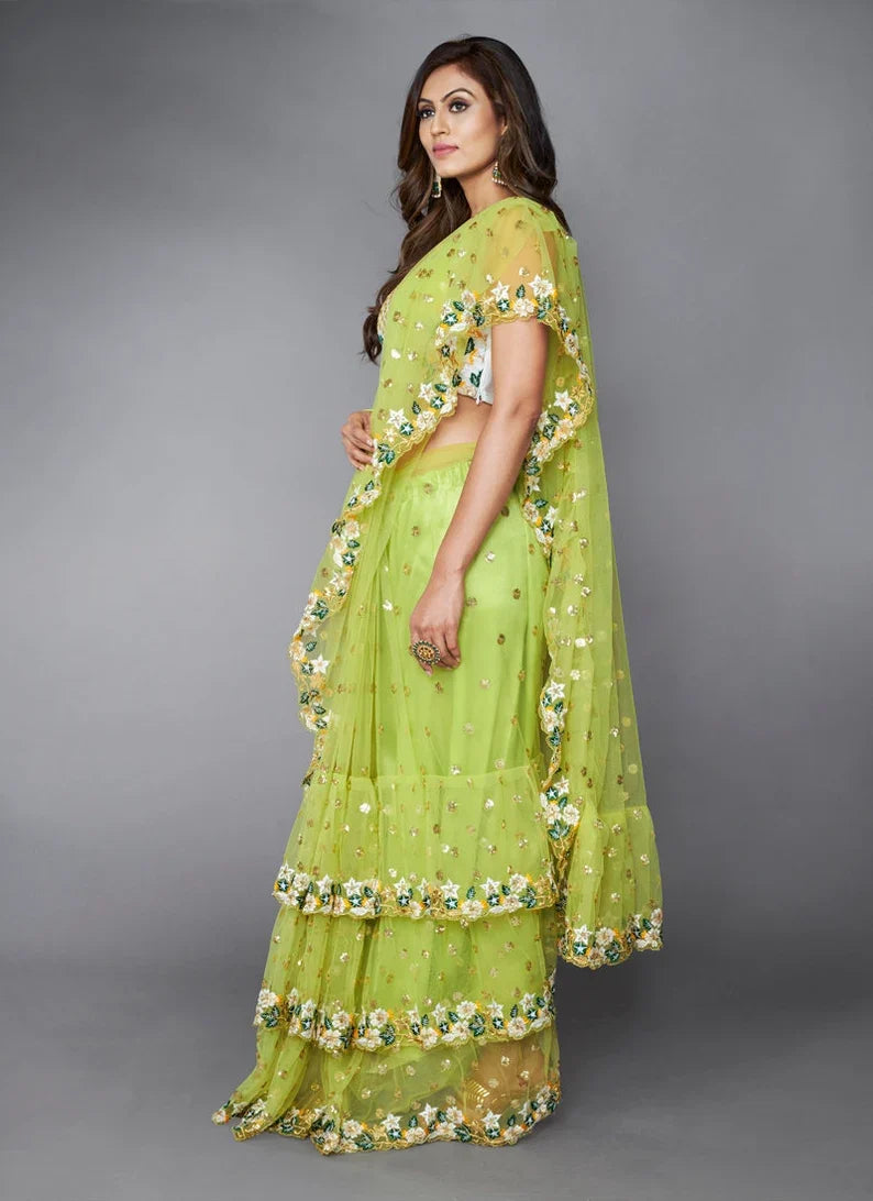 Green Ruffle Saree with Heavy Embroidery Work for Wedding