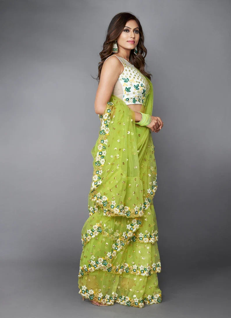 Green Ruffle Saree with Heavy Embroidery Work for Wedding