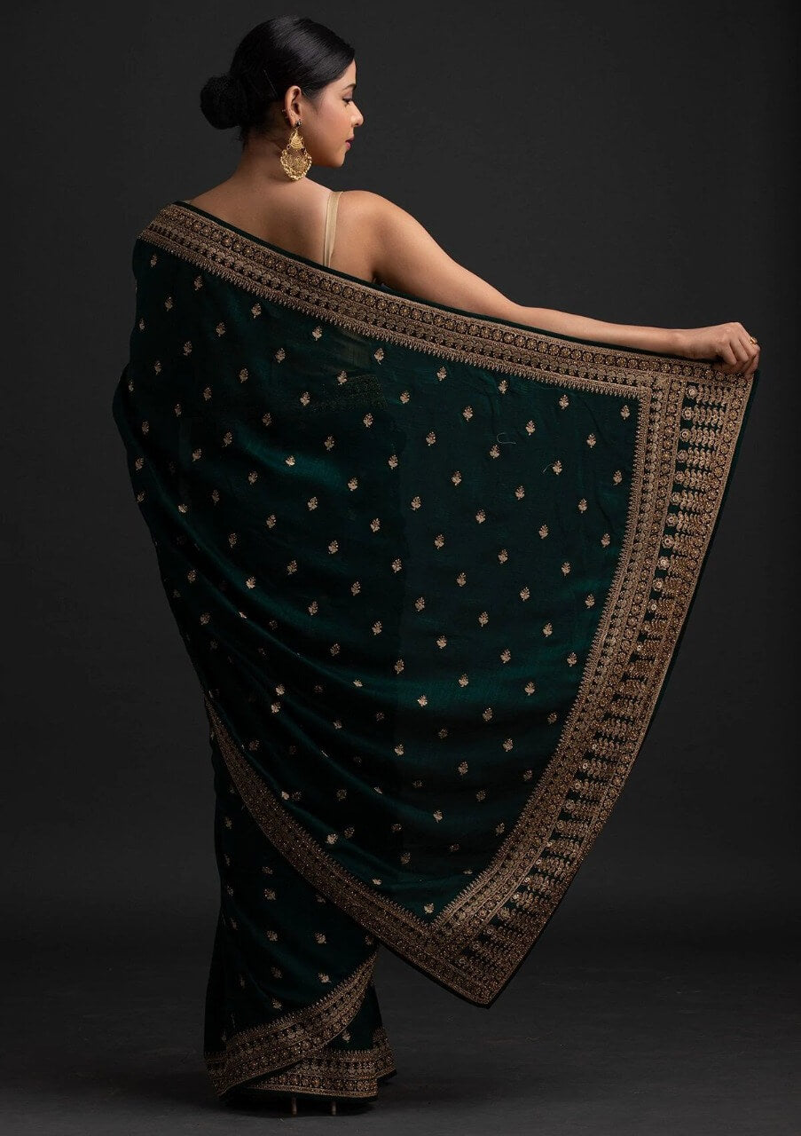 Green Saree in Vichitra Silk With Sequence and Stone Work