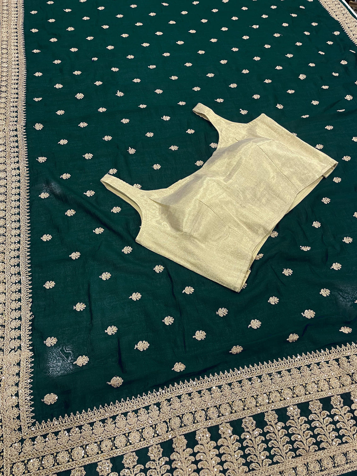 Green Saree in Vichitra Silk With Sequence and Stone Work