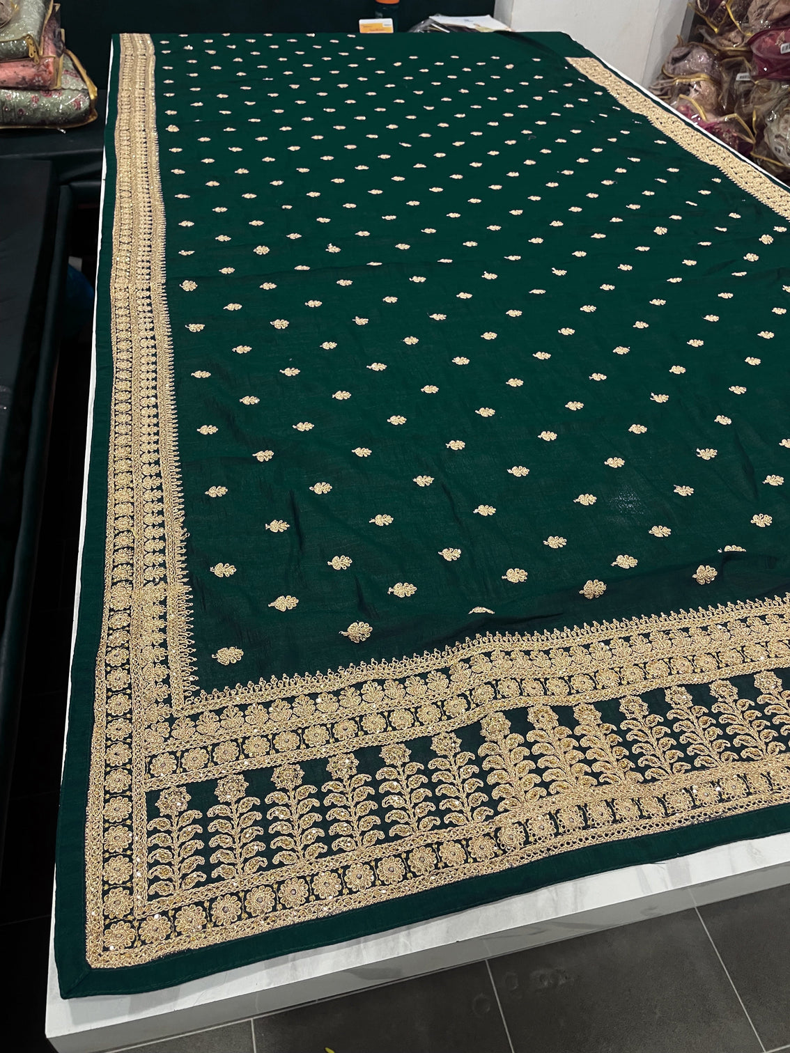 Green Saree in Vichitra Silk With Sequence and Stone Work