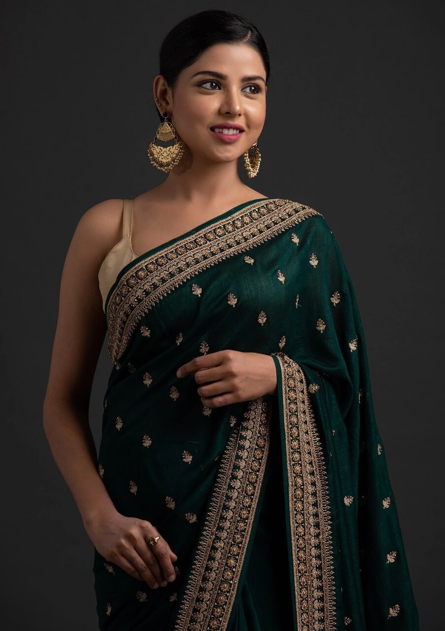 Green Saree in Vichitra Silk With Sequence and Stone Work