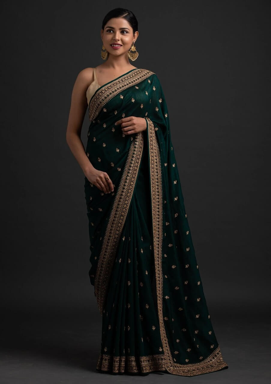 Green Saree in Vichitra Silk With Sequence and Stone Work
