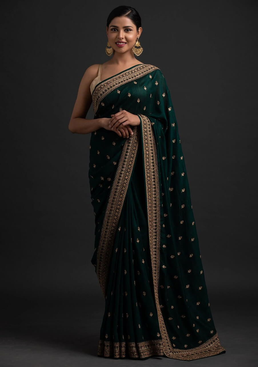 Green Saree in Vichitra Silk With Sequence and Stone Work