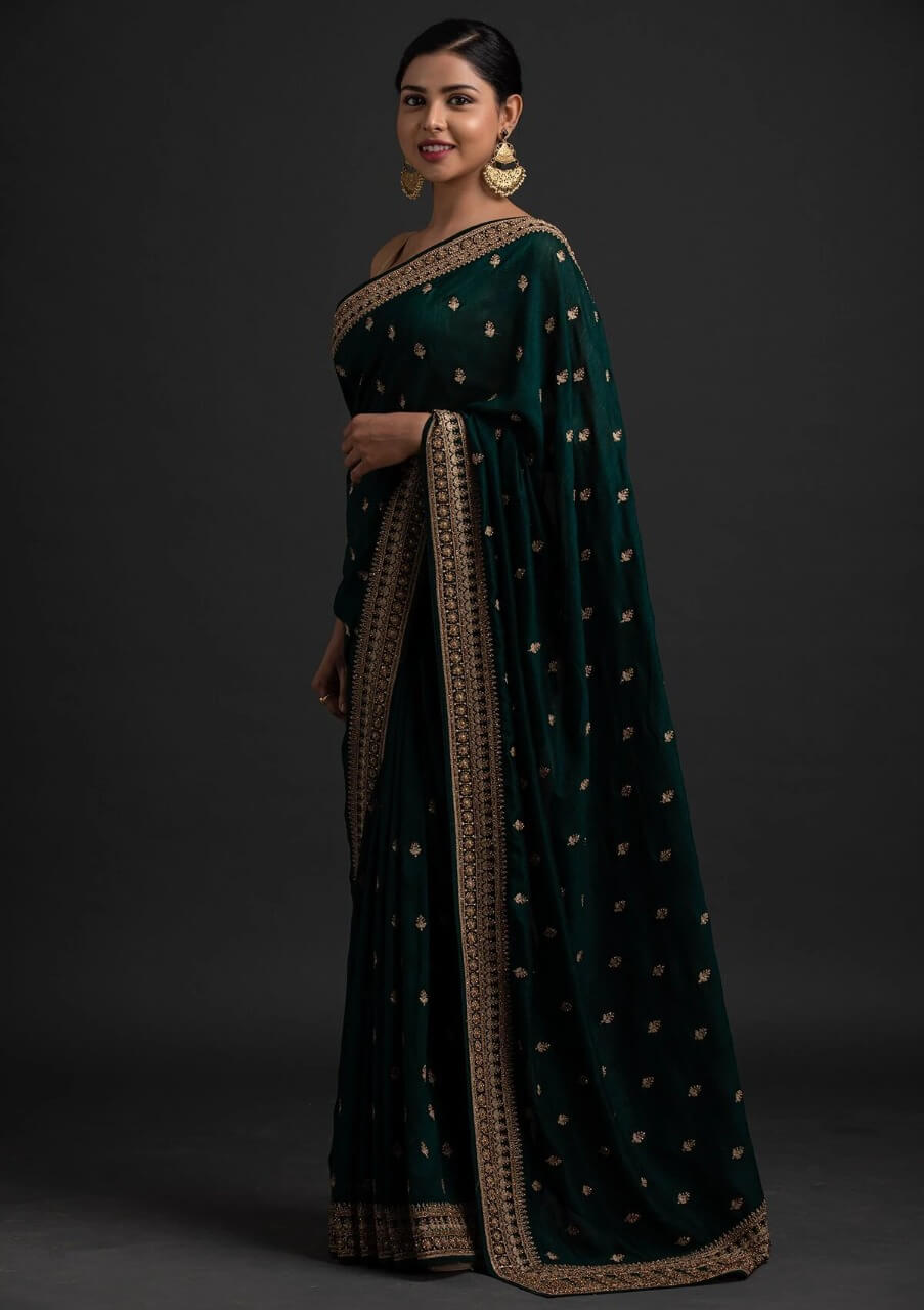 Green Saree in Vichitra Silk With Sequence and Stone Work