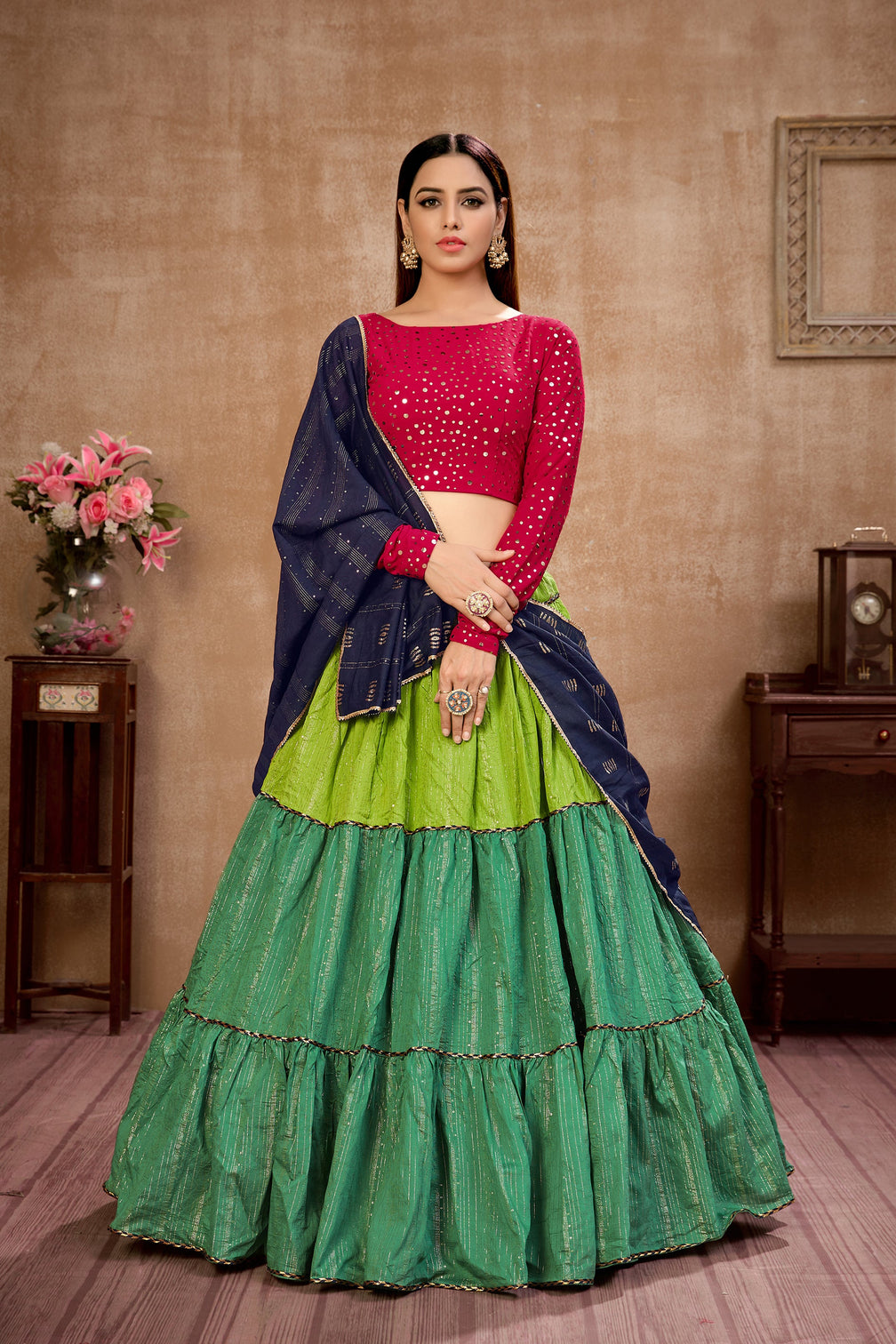 Green Sequins Cotton Wedding Wear Lehenga Choli