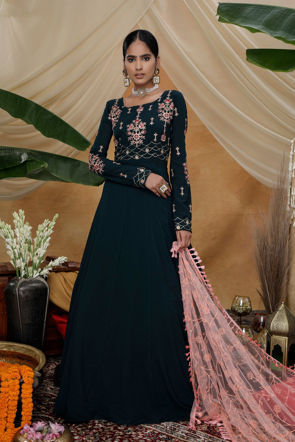 Green Sequins Resham Georgette Soft Net Anarkali Salwar Suit