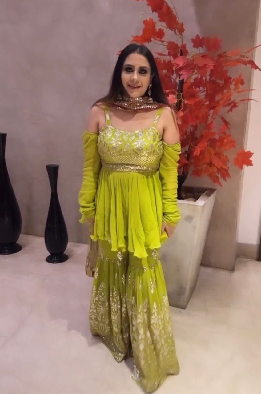 Green Sharara Set in Faux Georgette with Embroidery Sequence Work