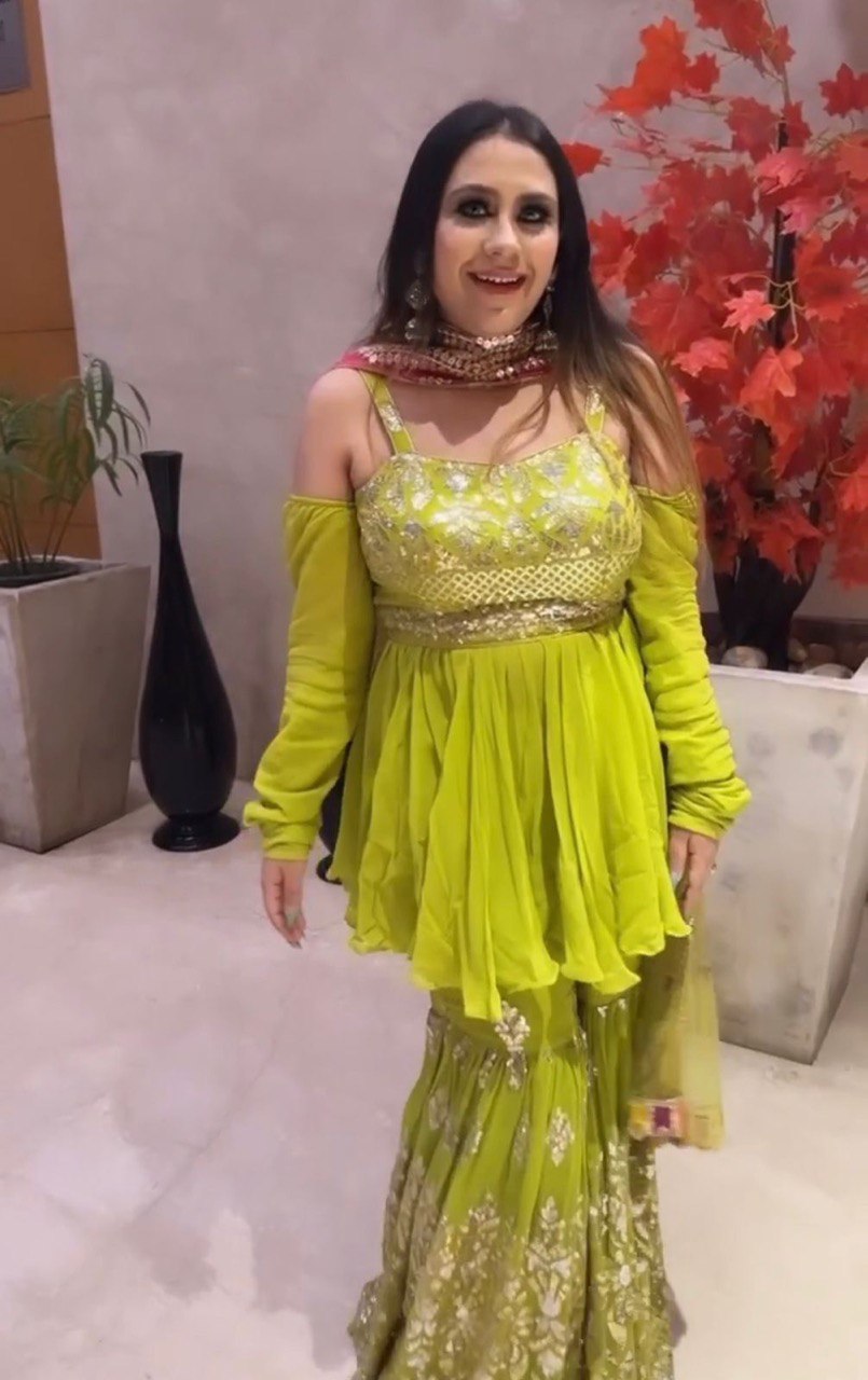 Green Sharara Set in Faux Georgette with Embroidery Sequence Work