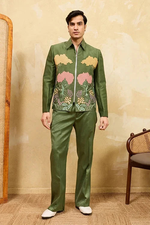 Regal Green Bomber Jacket with Thread Work and Pant for Mens