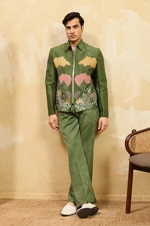 Regal Green Bomber Jacket with Thread Work and Pant for Mens