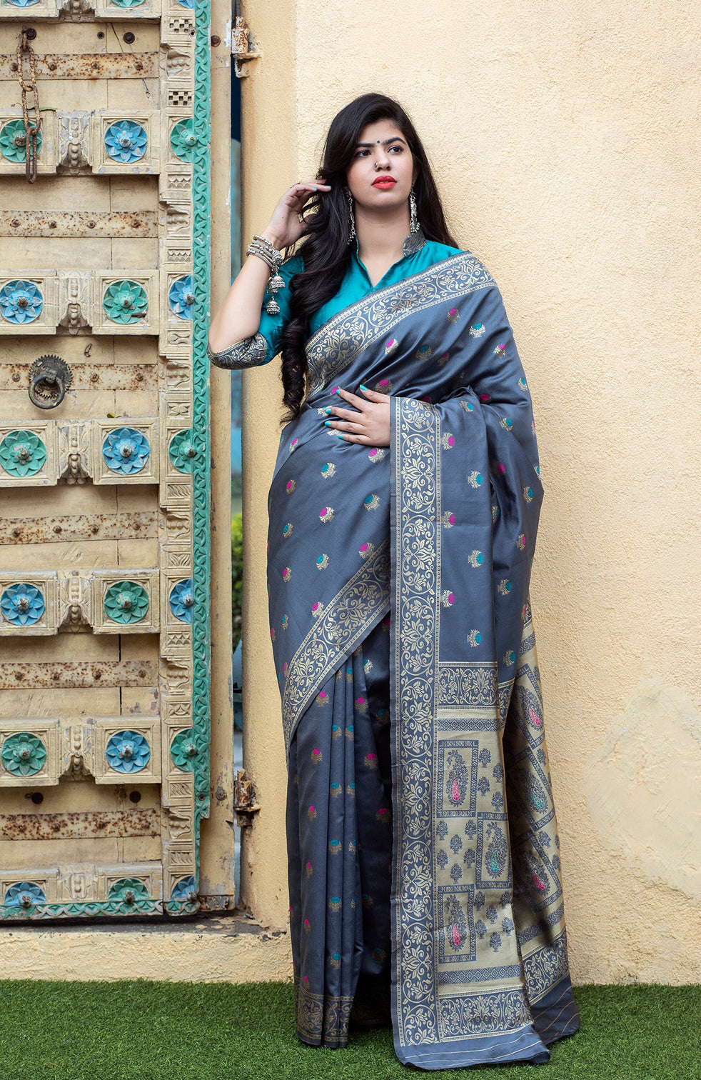 Grey-Blue Banarasi Silk Festival Wear Saree With Blouse