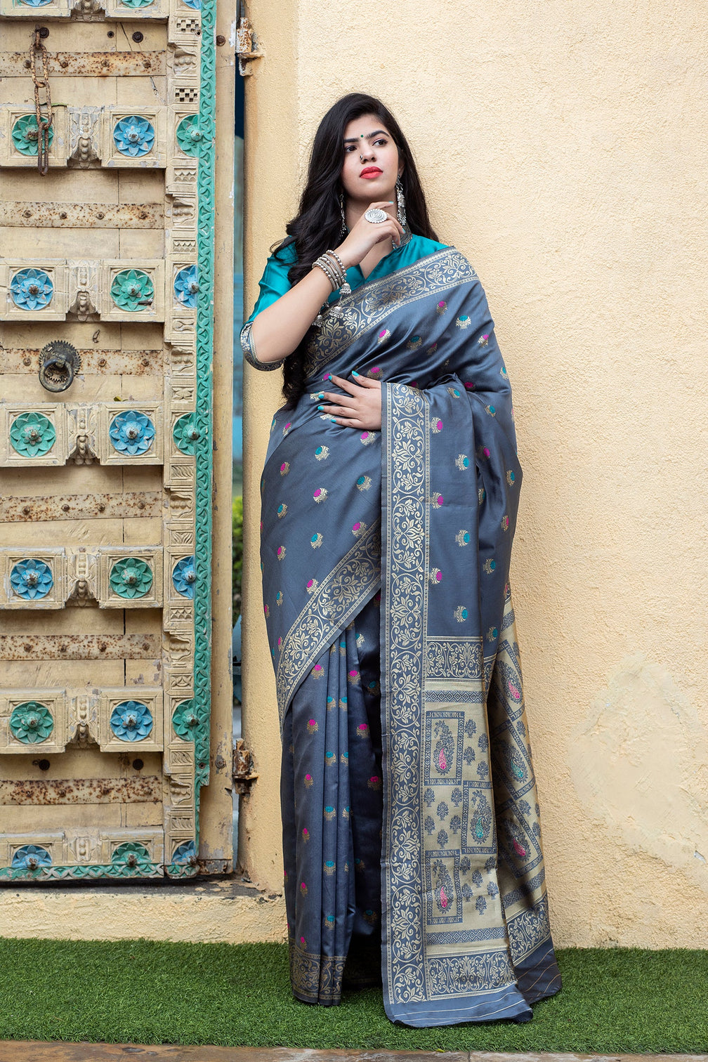 Grey-Blue Banarasi Silk Festival Wear Saree With Blouse