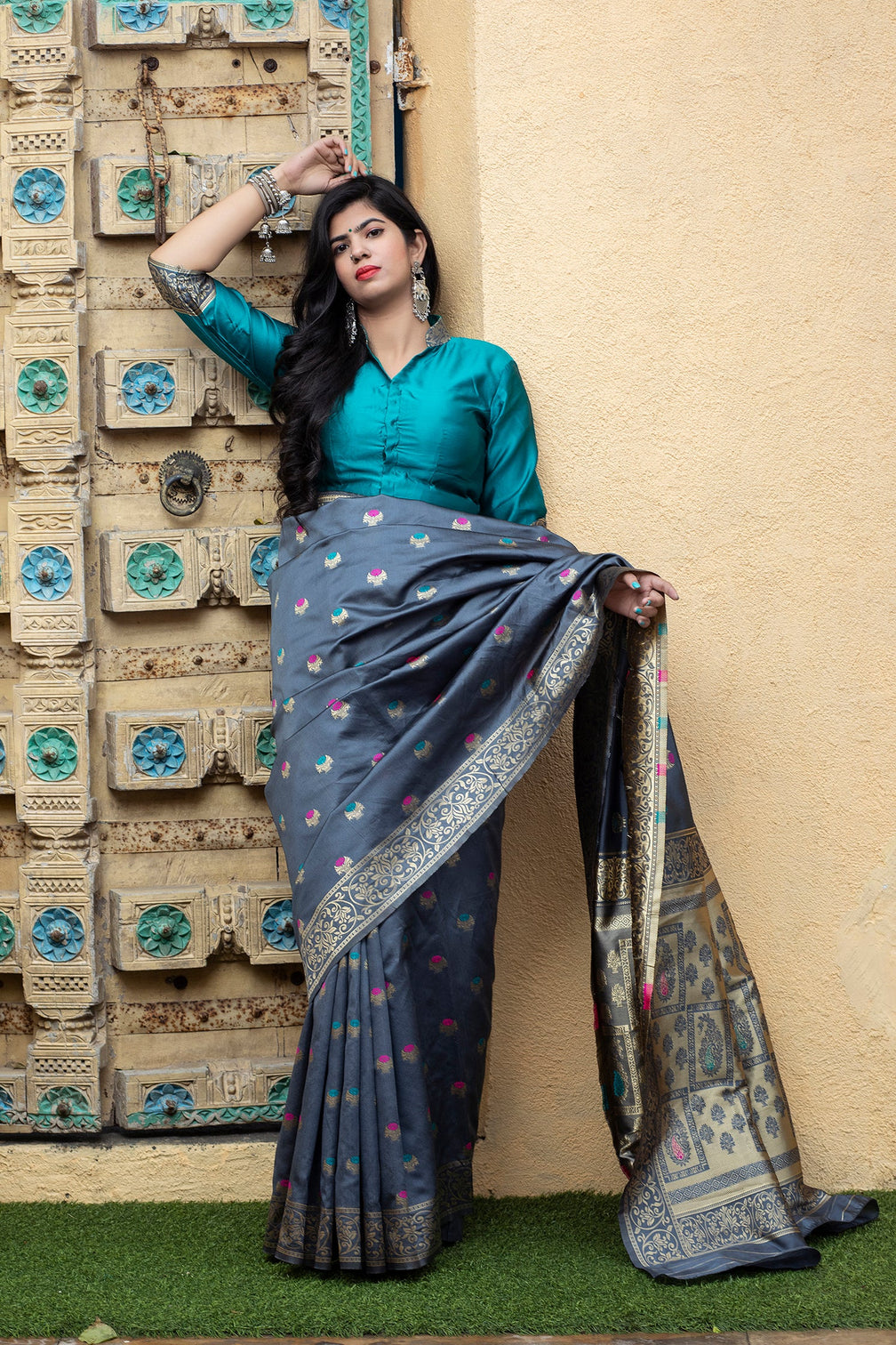 Grey-Blue Banarasi Silk Festival Wear Saree With Blouse