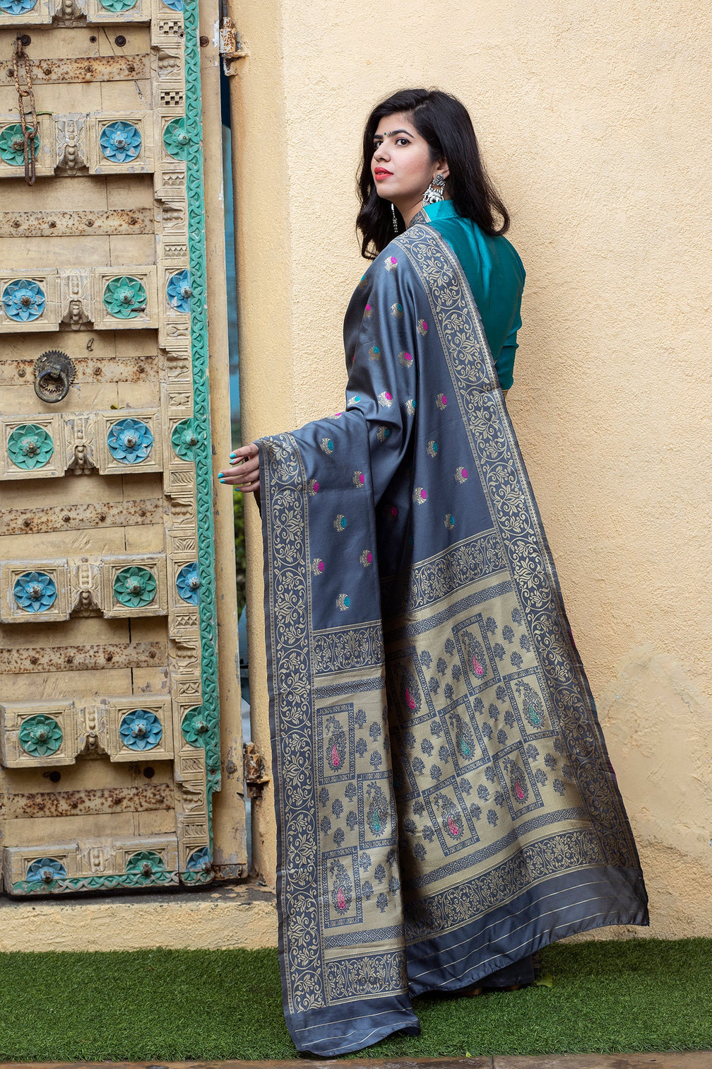 Grey-Blue Banarasi Silk Festival Wear Saree With Blouse