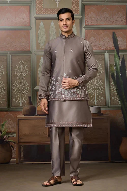 Grey Embroidered Koti Kurta Set for Mens Wear