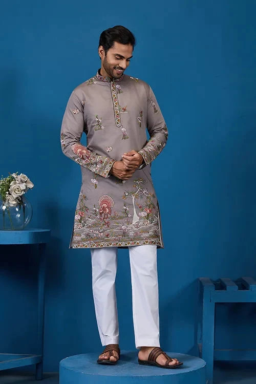 Classy Grey Embroidered Mens Kurta for Wedding Events