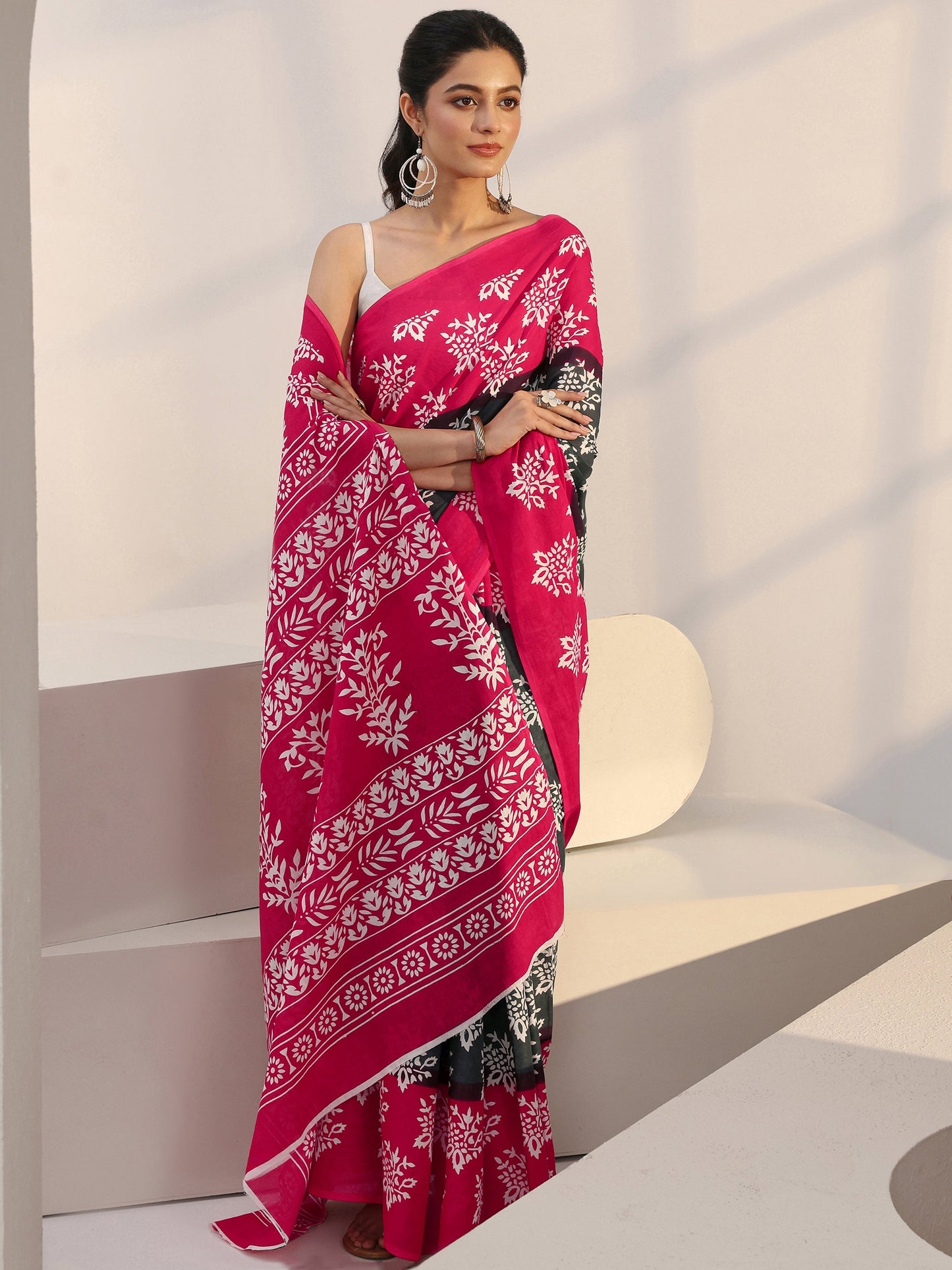Libas Grey Floral Print Cotton Saree