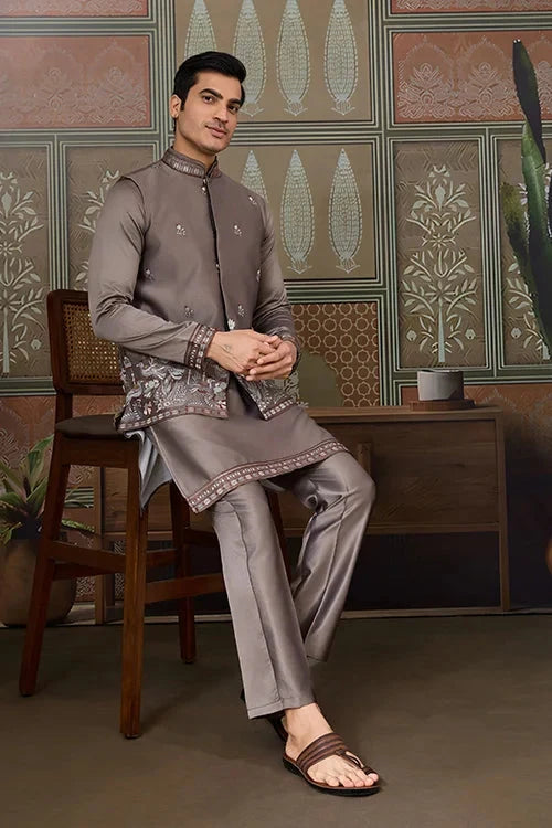 Grey Embroidered Koti Kurta Set for Mens Wear