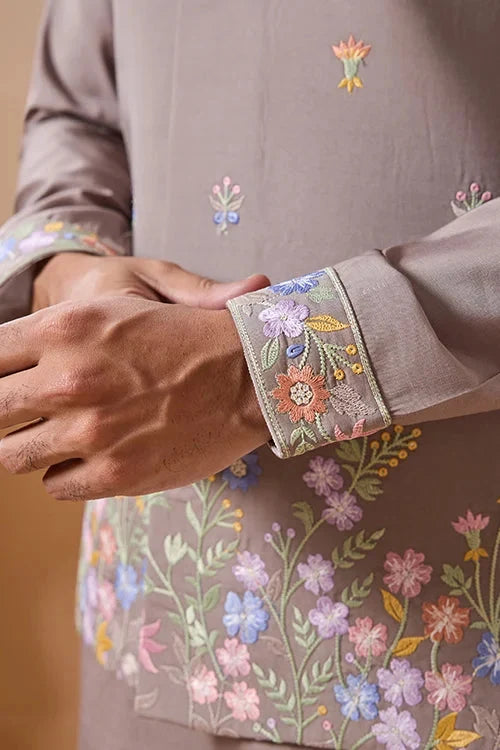 Elegant Grey Embroidered Koti Kurta Pant for Mens