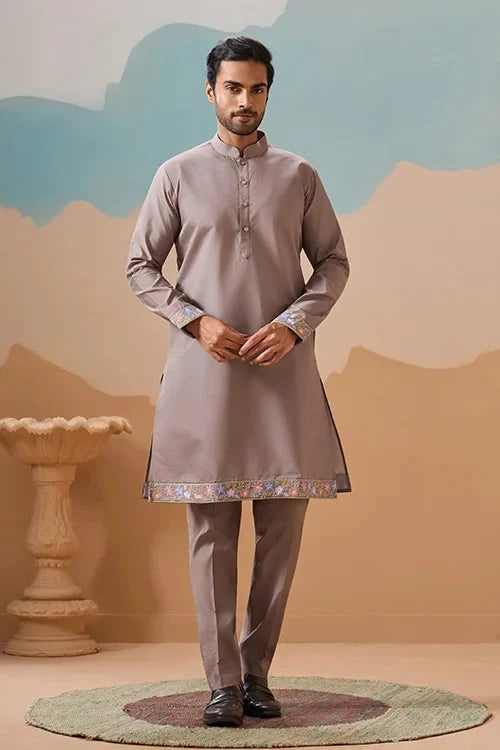 Elegant Grey Embroidered Koti Kurta Pant for Mens