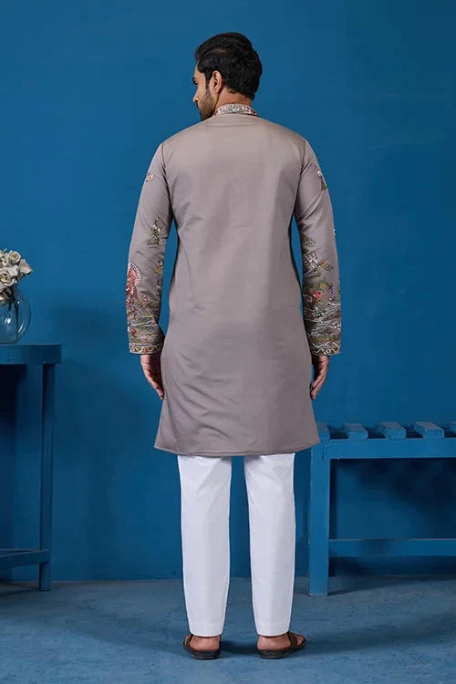 Classy Grey Embroidered Mens Kurta for Wedding Events
