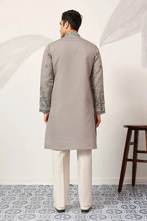 Wedding Traditional Look Grey Kurta for Mens Wear
