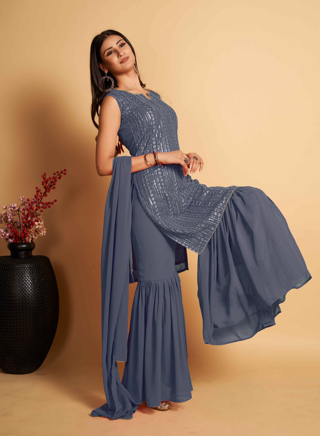 Stunning Grey Designer Sharara Kurti Dupatta Set - Embroidered Faux Georgette & Georgette
