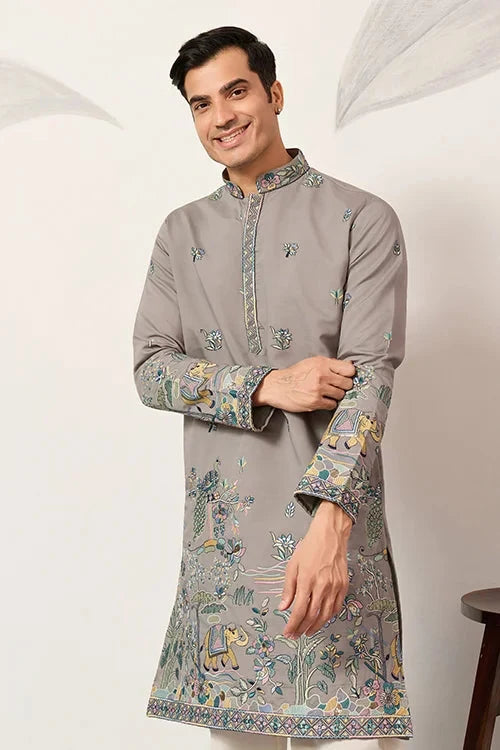 Wedding Traditional Look Grey Kurta for Mens Wear