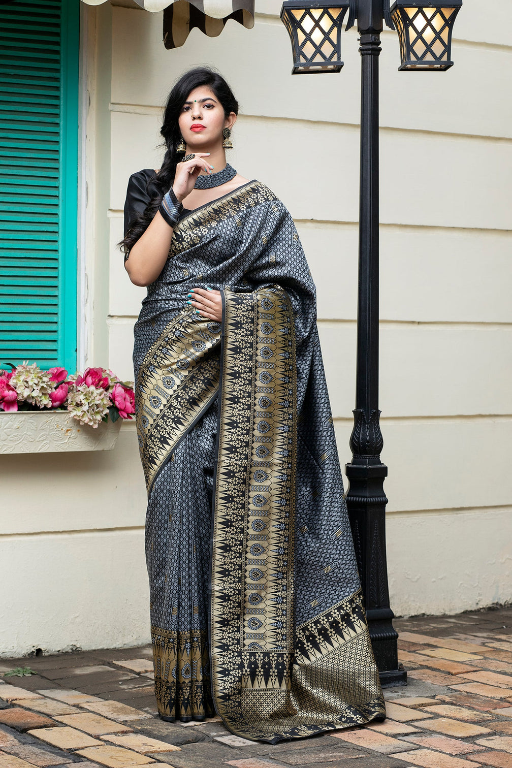 Grey Banarasi Silk Festival Wear Saree With Blouse