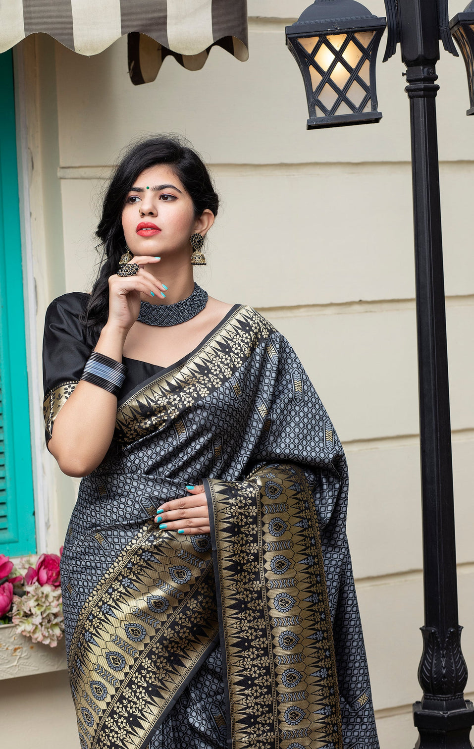 Grey Banarasi Silk Festival Wear Saree With Blouse