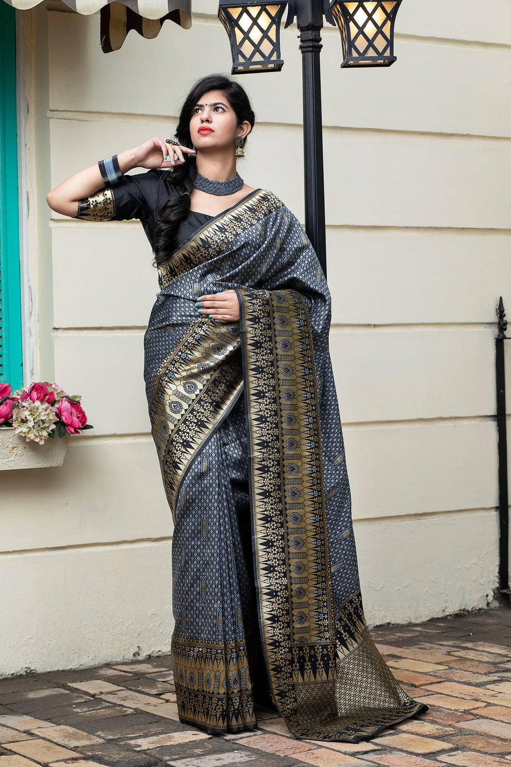 Grey Banarasi Silk Festival Wear Saree With Blouse