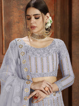 Grey Embroidered Net Semi Stitched Lehenga