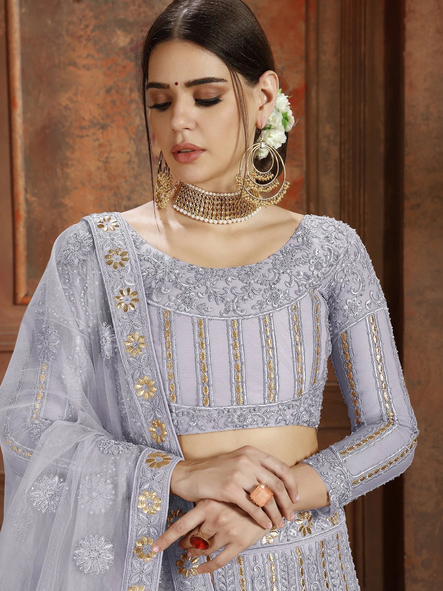 Grey Embroidered Net Semi Stitched Lehenga
