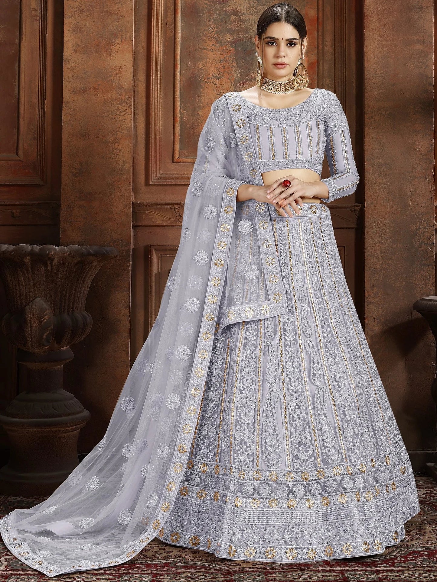 Grey Embroidered Net Semi Stitched Lehenga