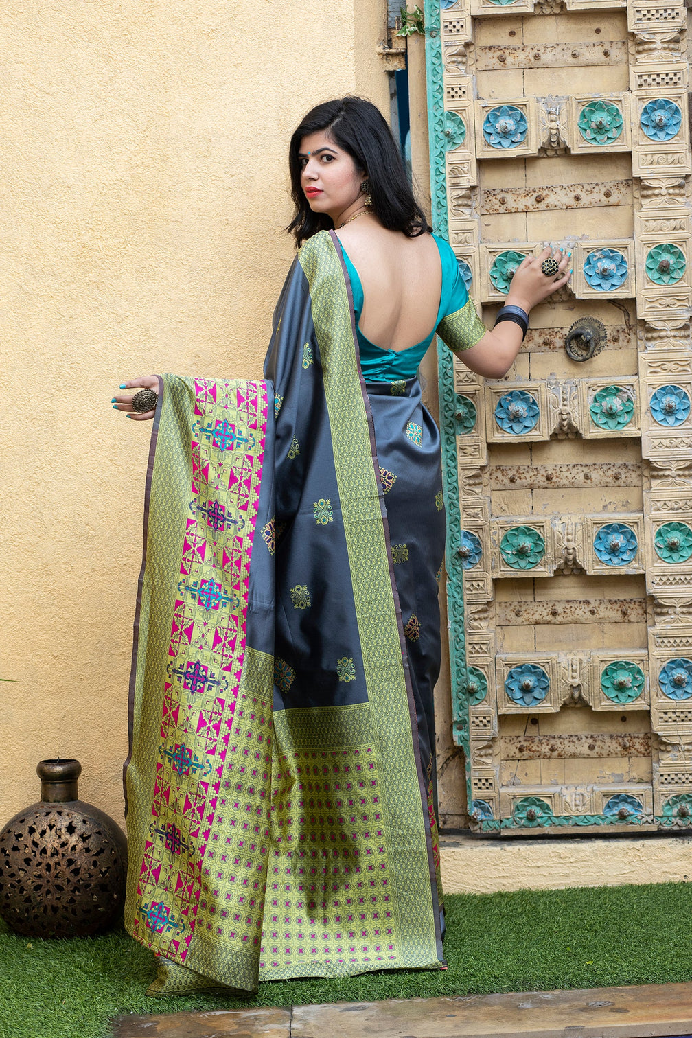 Grey Heavy Bordered Banarasi Silk Wedding Wear Saree With Blouse