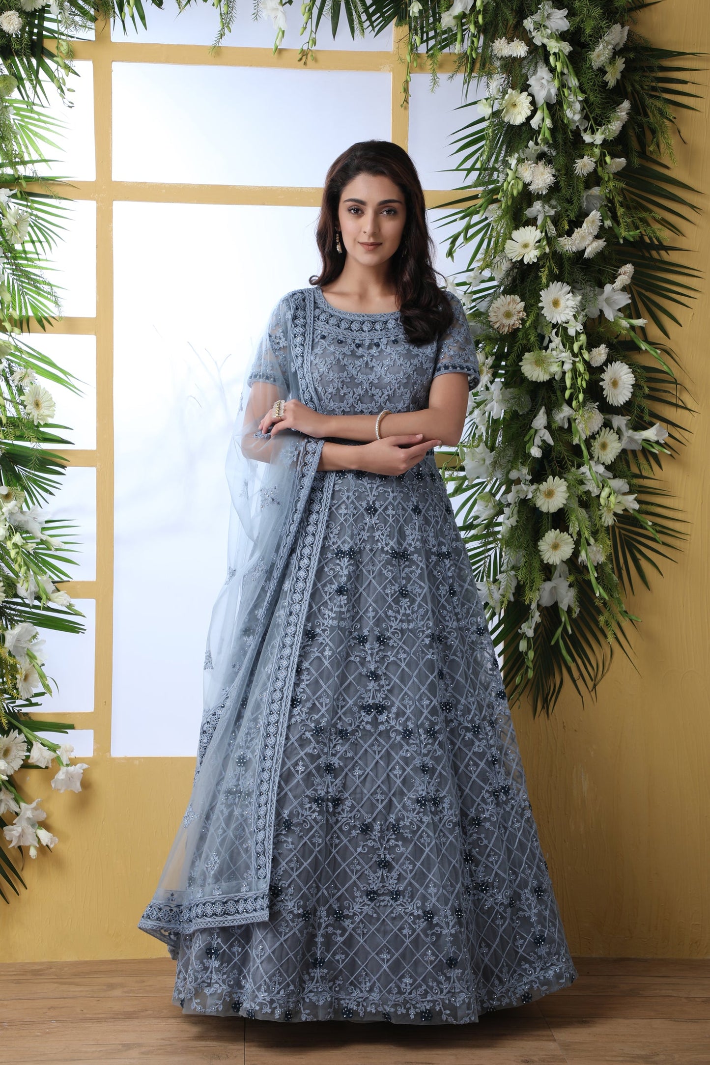 Grey Thread Embroidered Net Party Wear Anarkali Gown With Dupatta