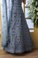 Grey Thread Embroidered Net Party Wear Anarkali Gown With Dupatta