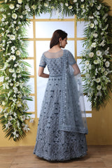 Grey Thread Embroidered Net Party Wear Anarkali Gown With Dupatta