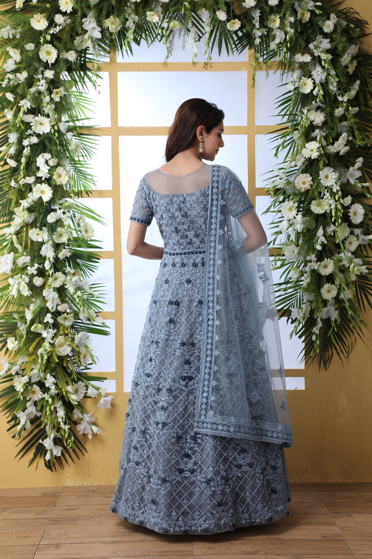 Grey Thread Embroidered Net Party Wear Anarkali Gown With Dupatta