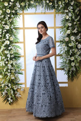 Grey Thread Embroidered Net Party Wear Anarkali Gown With Dupatta