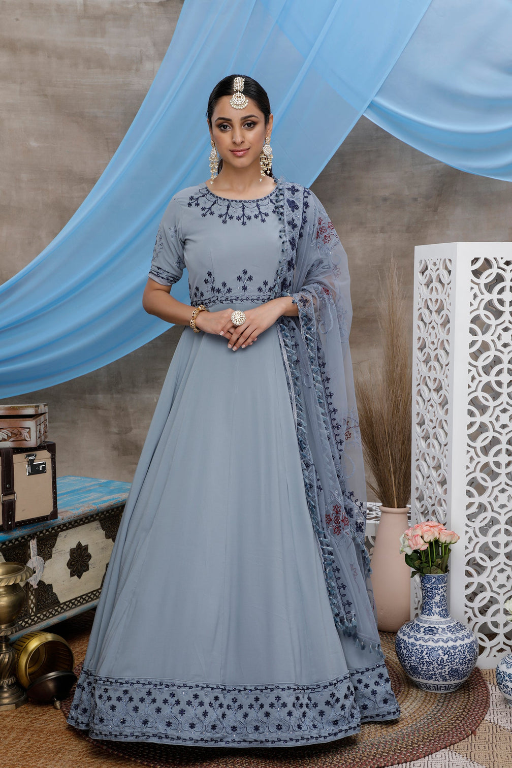 Grey Thread Embroidery Georgette Anarkali Long Gown Semi Stitched