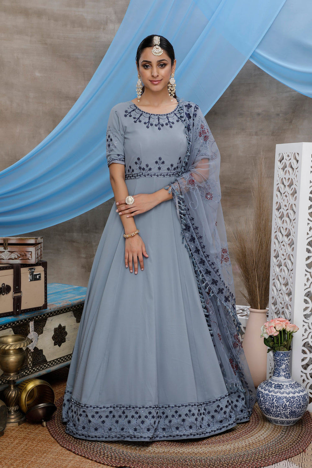 Grey Thread Embroidery Georgette Anarkali Long Gown Semi Stitched