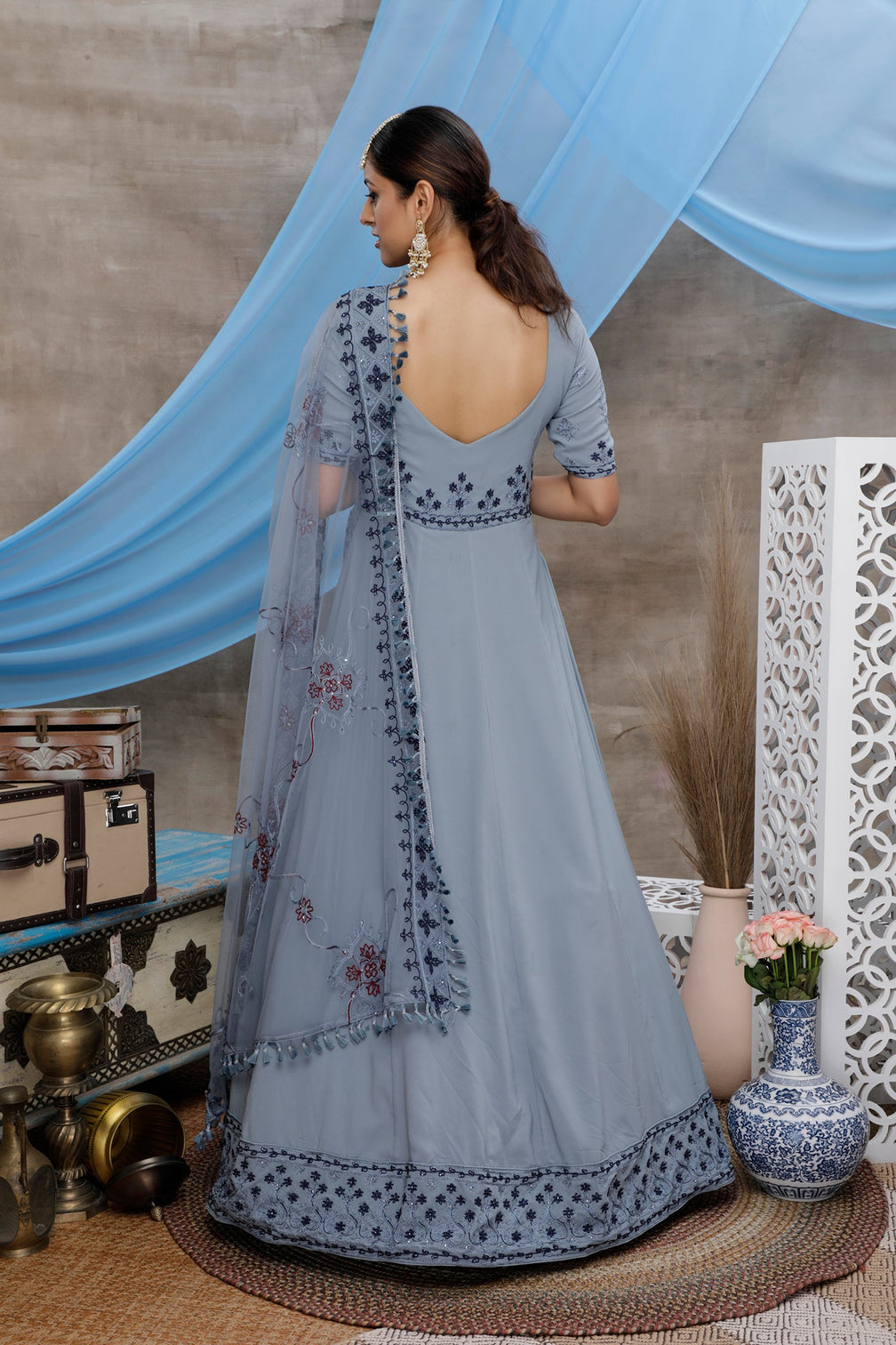 Grey Thread Embroidery Georgette Anarkali Long Gown Semi Stitched