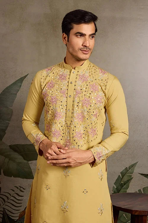 Haldi Special Outfit Mirror Work Mens Kurta Set