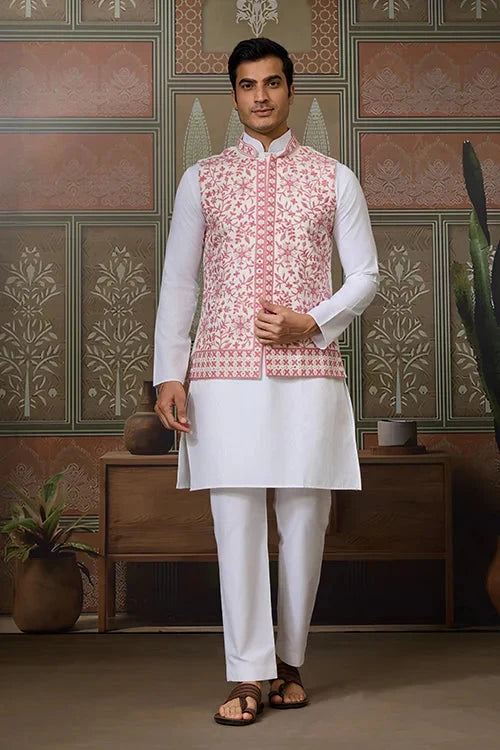 Wedding Pink Koti with White Kurta Pajama Set