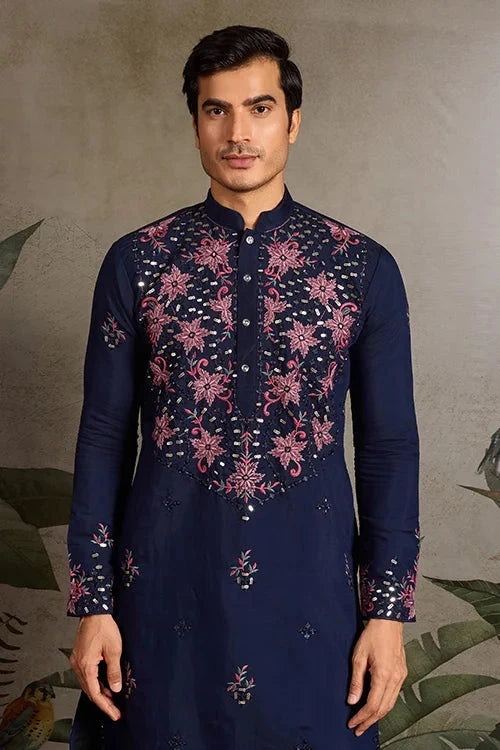 Wedding Special Navy Blue Embroidered Mens Kurta Set