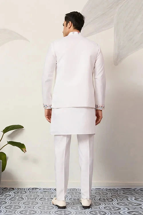 Elegant Wedding Special White Koti Kurta Pajama Set