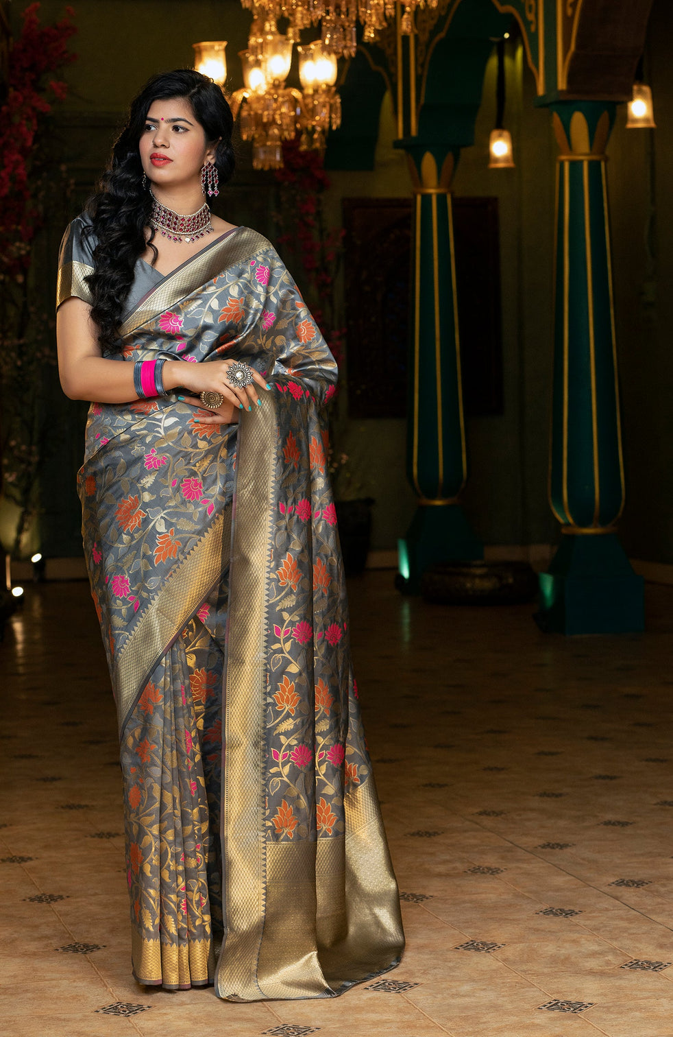 Groovy Grey Coloured Embroidered Partywear Banarasi Silk Saree